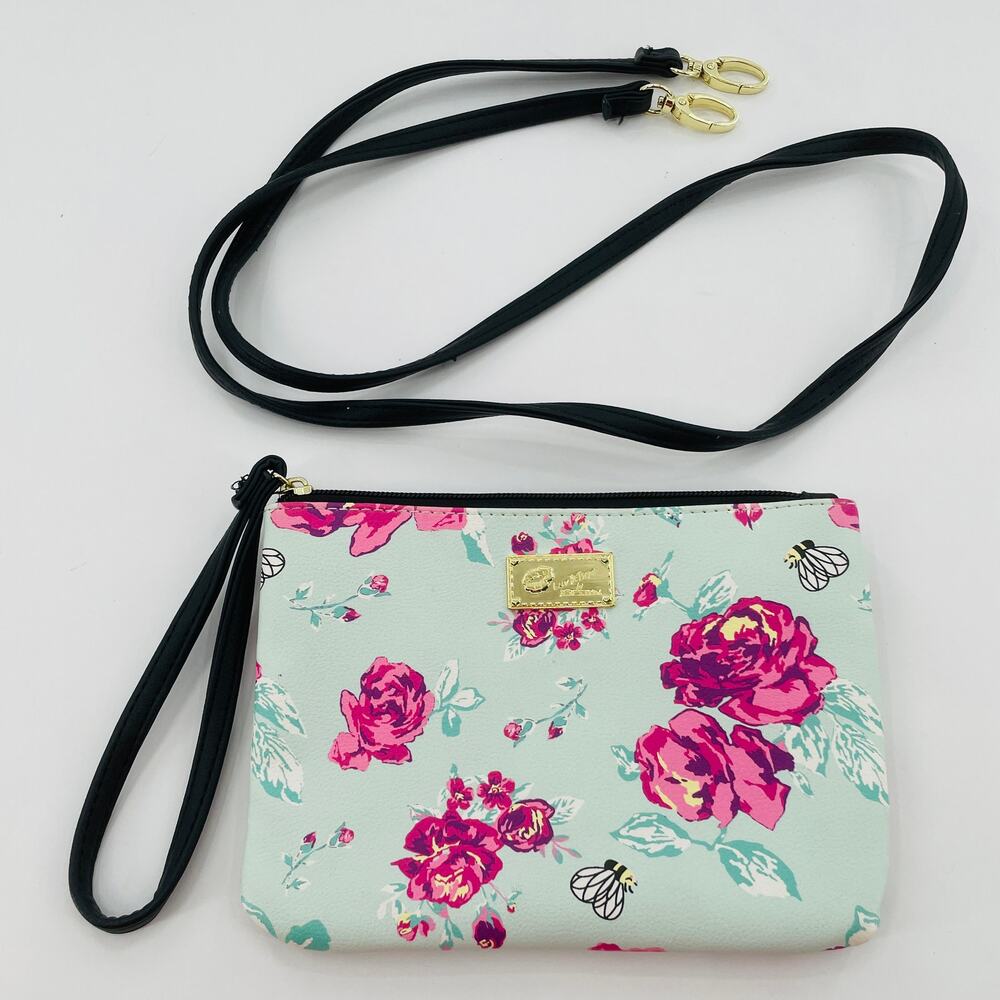 Betsey Johnson Aqua Pink Floral Crossbody Wristlet Strap Small Shoulder Bag - Picture 3 of 7